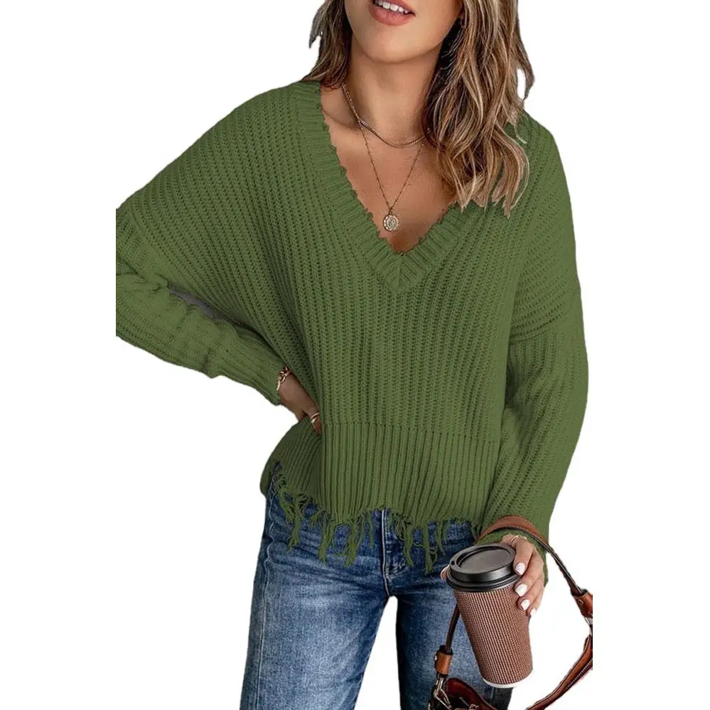 Women's Black Ripped V-Neck Knitted Top - Image 2