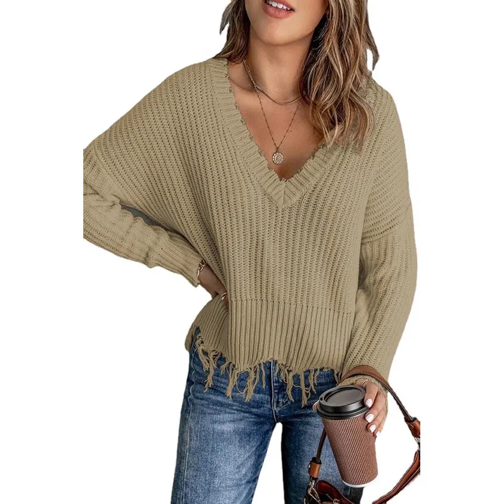 Women's Black Ripped V-Neck Knitted Top - Image 6