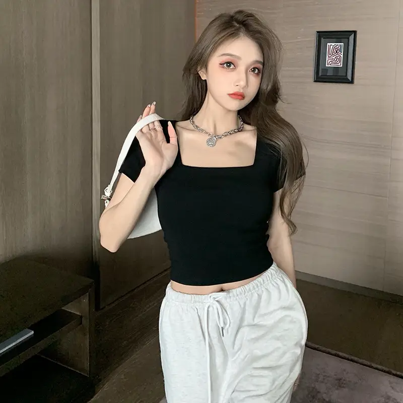 Women Tight Square Collar Sports T-Shirt Grey - Image 6