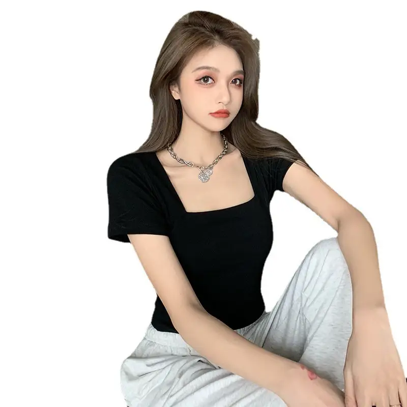 Women Tight Square Collar Sports T-Shirt Grey - Image 8