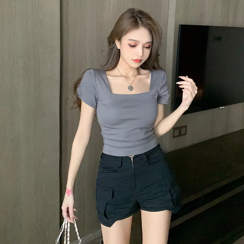 Women Tight Square Collar Sports T-Shirt Grey — feature 14