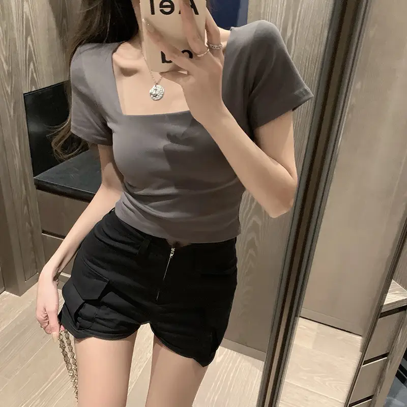 Women Tight Square Collar Sports T-Shirt Grey — feature 15
