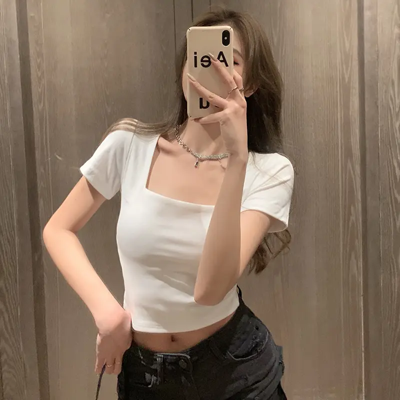Women Tight Square Collar Sports T-Shirt Grey — feature 16
