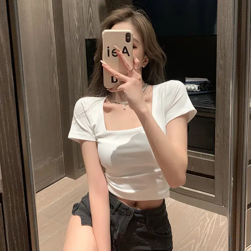 Women Tight Square Collar Sports T-Shirt Grey — feature 18