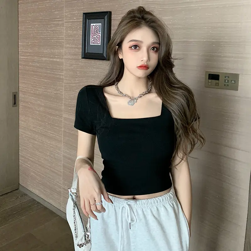 Women Tight Square Collar Sports T-Shirt Grey — feature 2
