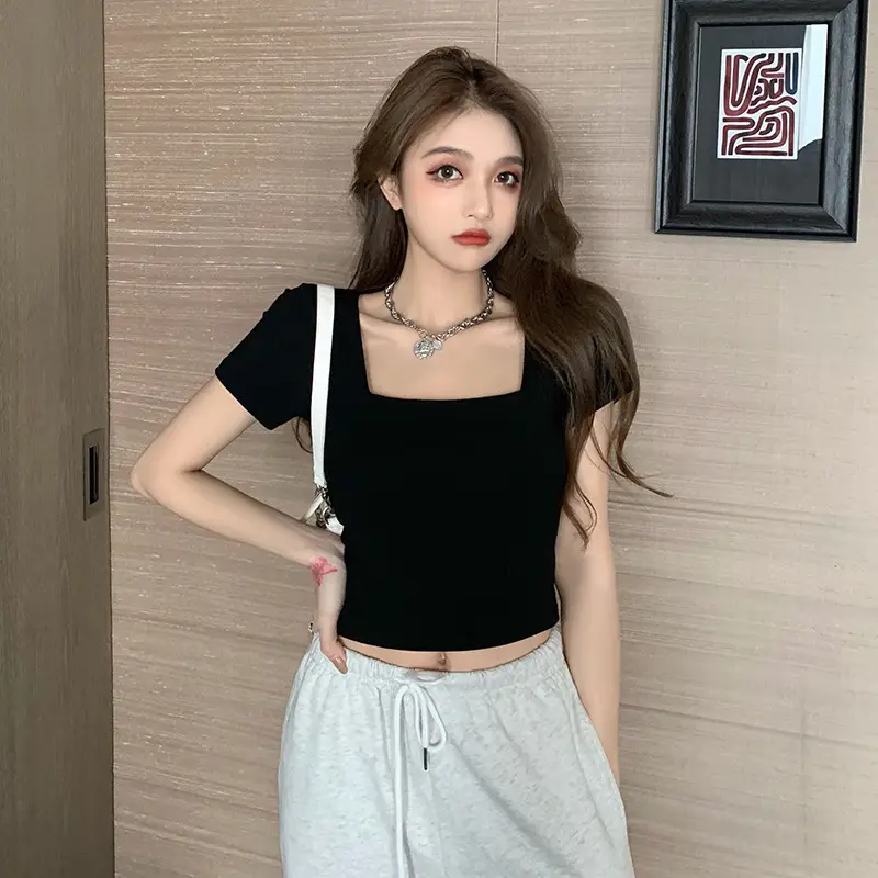 Women Tight Square Collar Sports T-Shirt Grey — feature 3