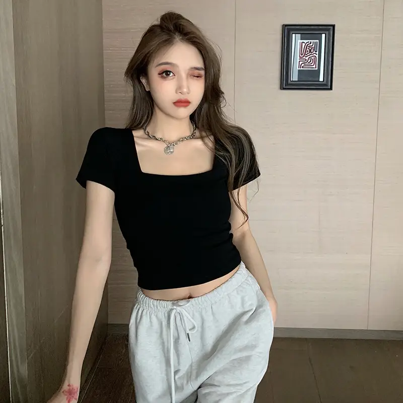 Women Tight Square Collar Sports T-Shirt Grey — feature 5