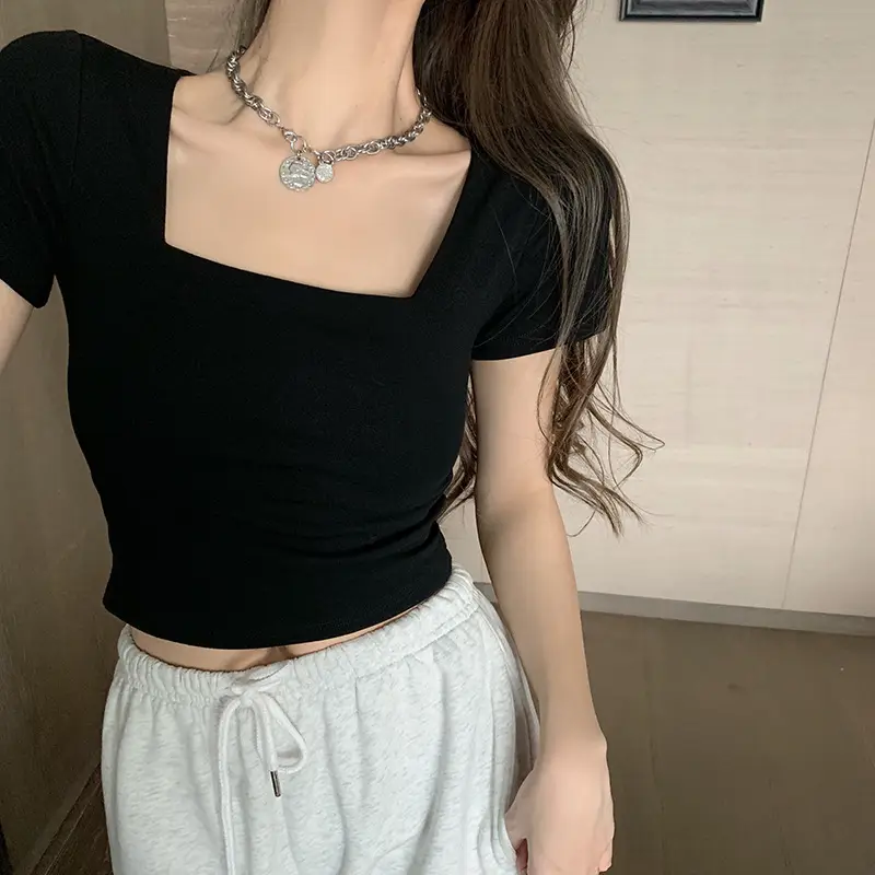 Women Tight Square Collar Sports T-Shirt Grey — feature 6