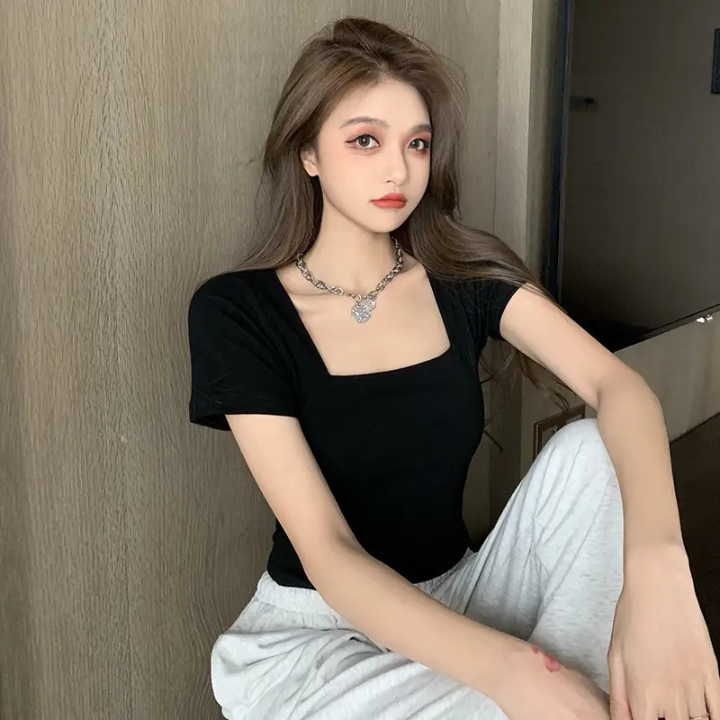 Women Tight Square Collar Sports T-Shirt Grey — feature 7