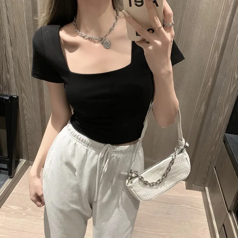 Women Tight Square Collar Sports T-Shirt Grey — feature 8