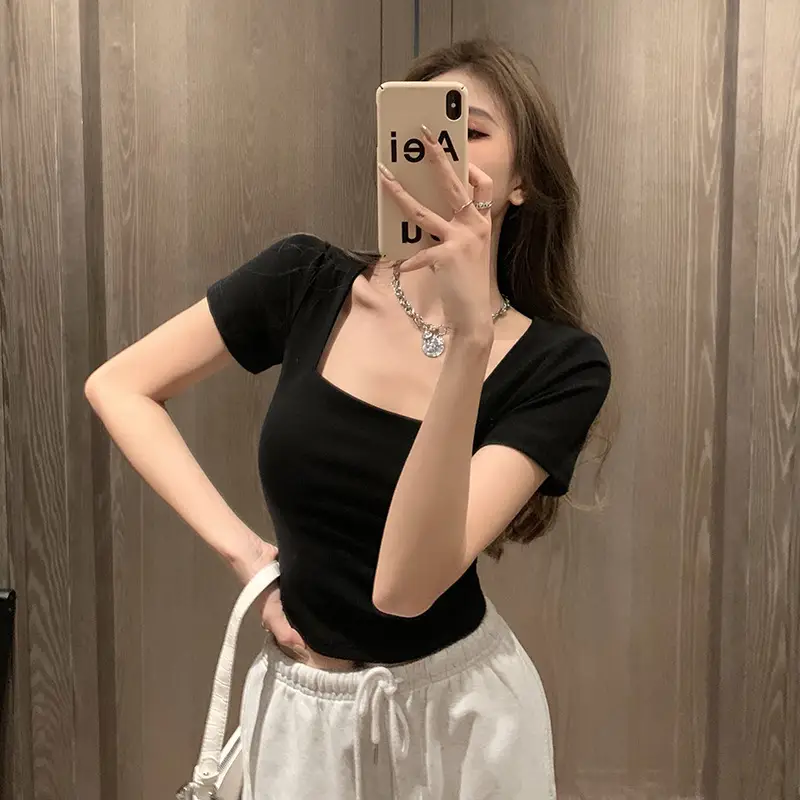 Women Tight Square Collar Sports T-Shirt Grey — feature 9