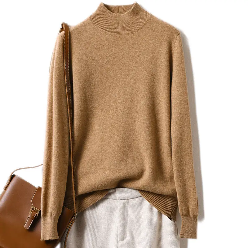 Women's 2022 Wool Semi-High Collar Sweater Brown - Image 13