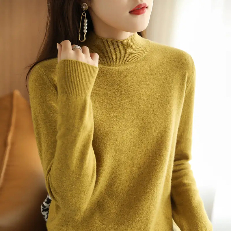 Women's 2022 Wool Semi-High Collar Sweater Brown - Image 14