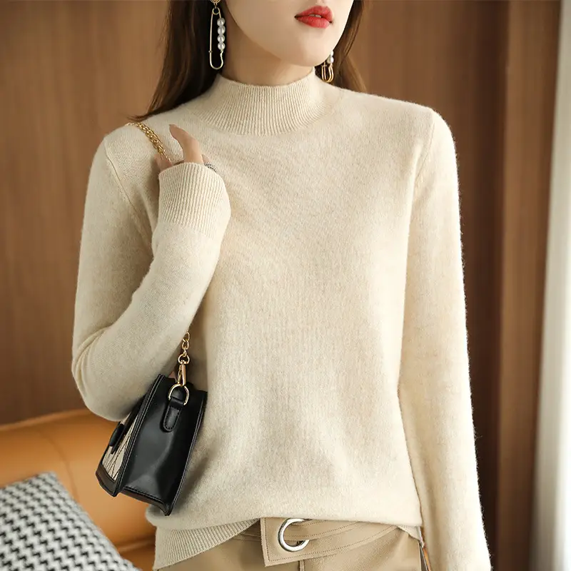 Women's 2022 Wool Semi-High Collar Sweater Brown - Image 10