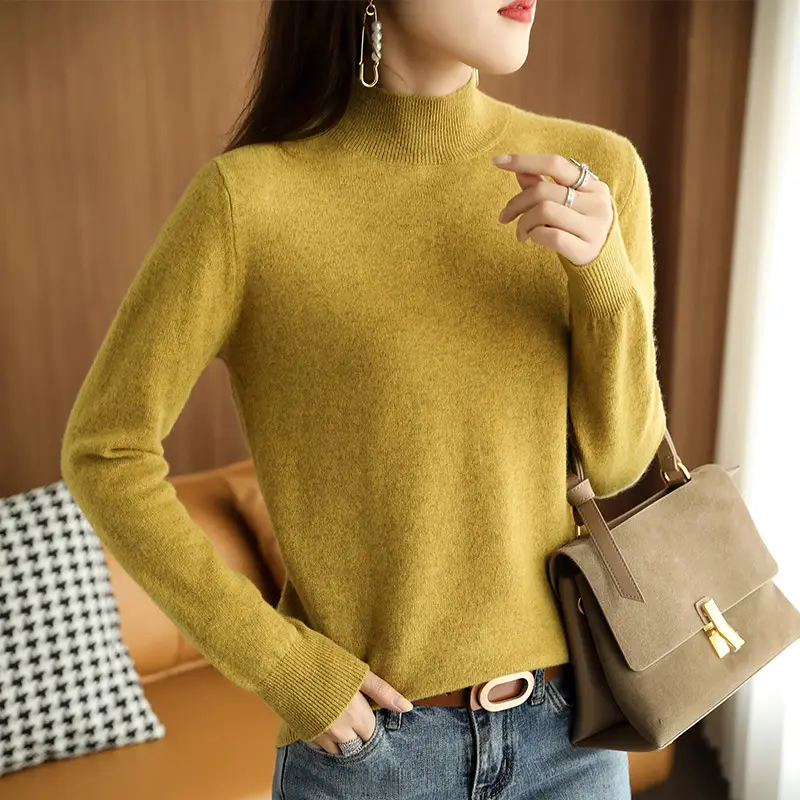 Women's 2022 Wool Semi-High Collar Sweater Brown - Image 11