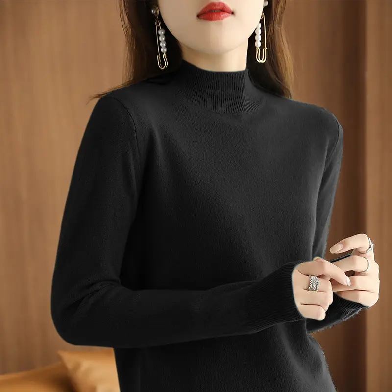 Women's 2022 Wool Semi-High Collar Sweater Brown - Image 2
