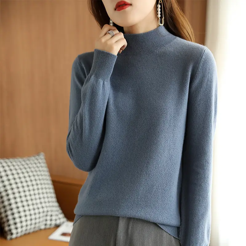 Women's 2022 Wool Semi-High Collar Sweater Brown - Image 3