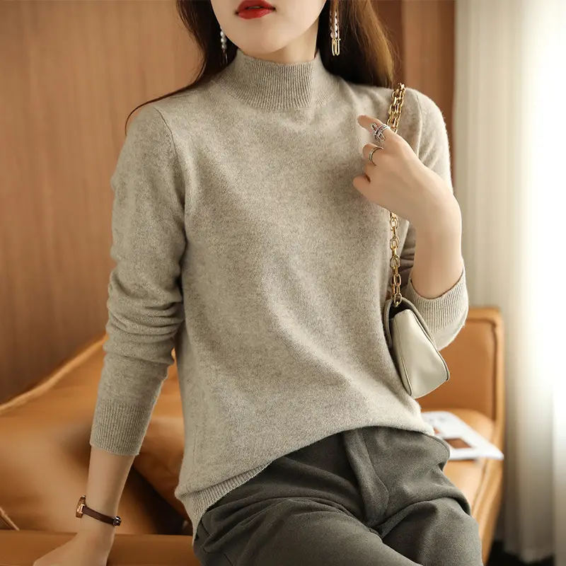 Women's 2022 Wool Semi-High Collar Sweater Brown - Image 4