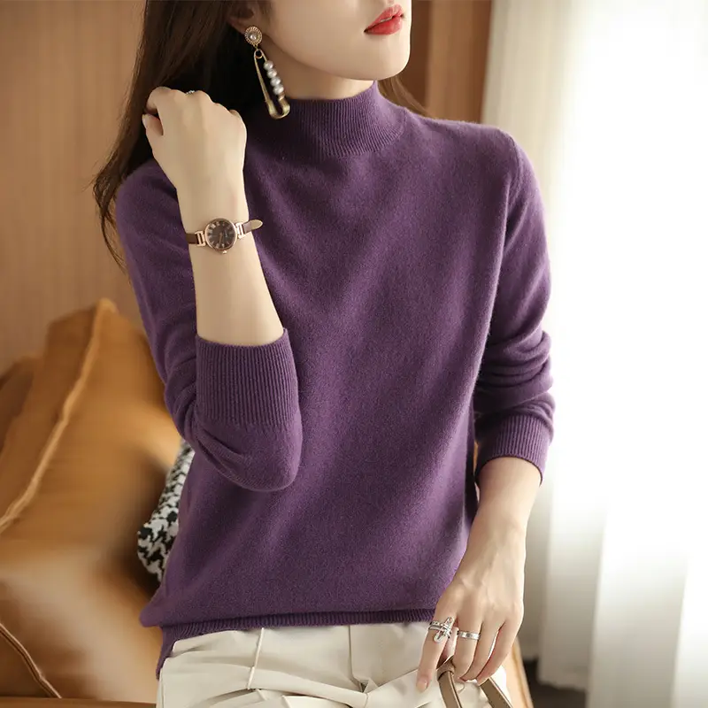 Women's 2022 Wool Semi-High Collar Sweater Brown - Image 5