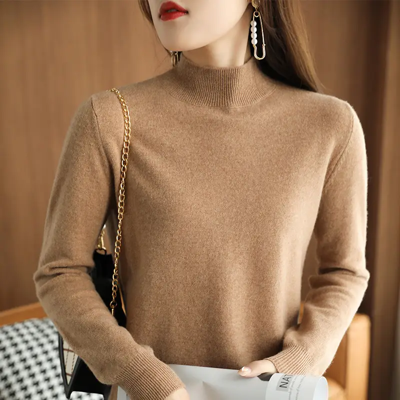 Women's 2022 Wool Semi-High Collar Sweater Brown - Image 8