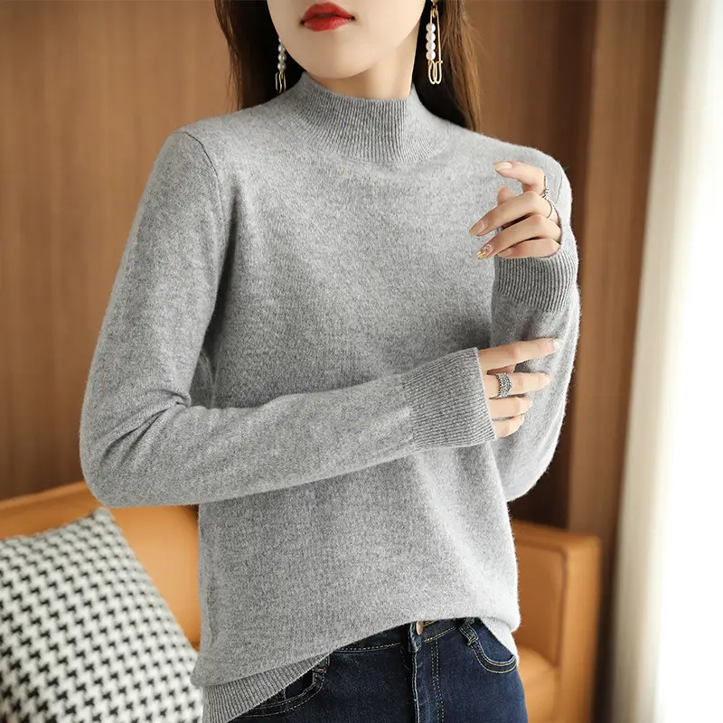 Women's 2022 Wool Semi-High Collar Sweater Brown - Image 9