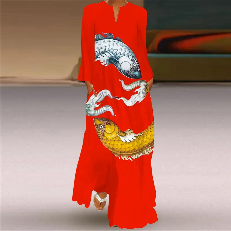 2026 Printed V-Neck Long Sleeve Dress with Parrot Design