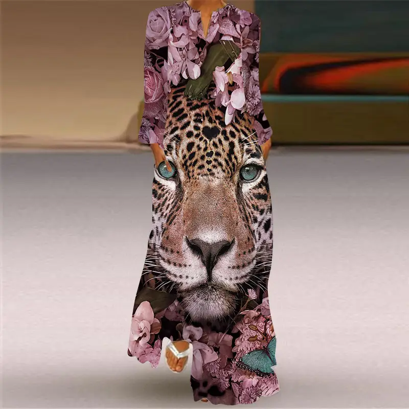 2026 Printed V-Neck Long Sleeve Dress with Parrot Design