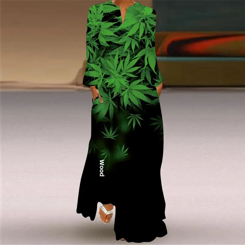 2026 Printed V-Neck Long Sleeve Dress with Parrot Design