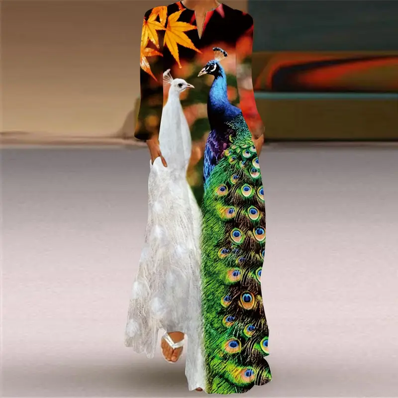 2026 Printed V-Neck Long Sleeve Dress with Parrot Design