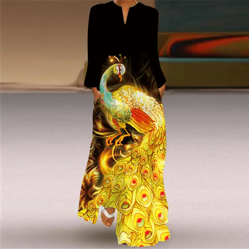 2026 Printed V-Neck Long Sleeve Dress with Parrot Design