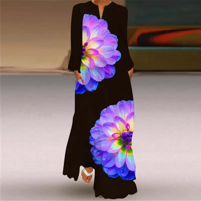 2026 Printed V-Neck Long Sleeve Dress with Parrot Design