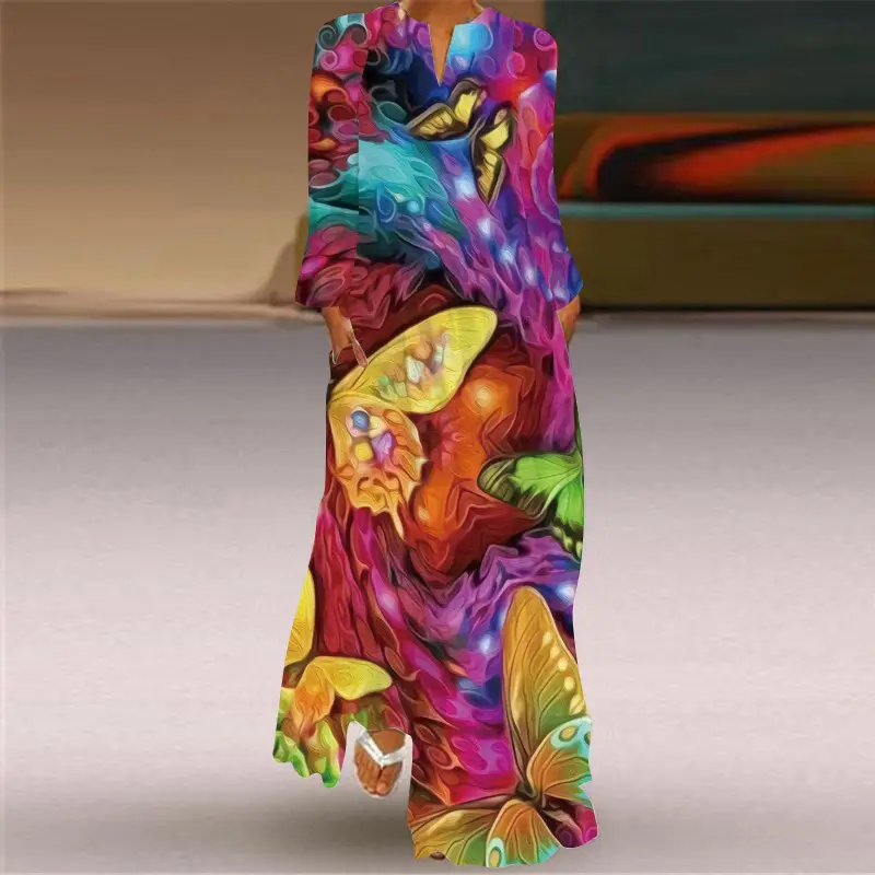 2026 Printed V-Neck Long Sleeve Dress with Parrot Design