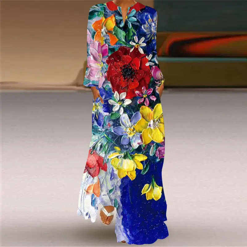 2026 Printed V-Neck Long Sleeve Dress with Parrot Design
