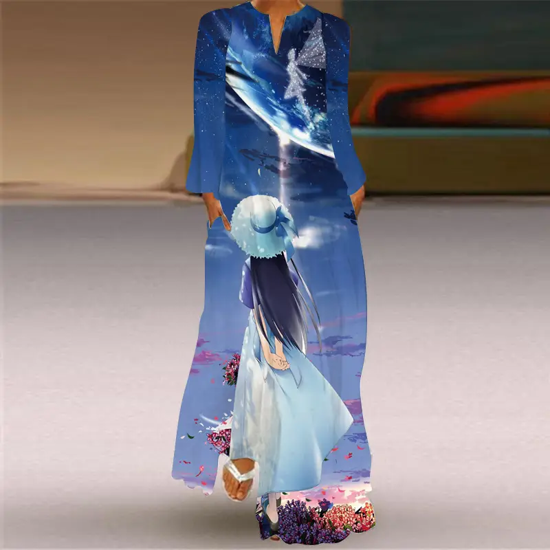 2026 Printed V-Neck Long Sleeve Dress with Parrot Design