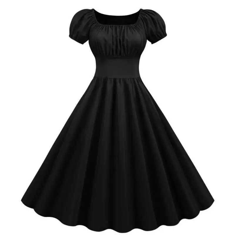Red Pleated Square Neck Swing Waist Dress for Women