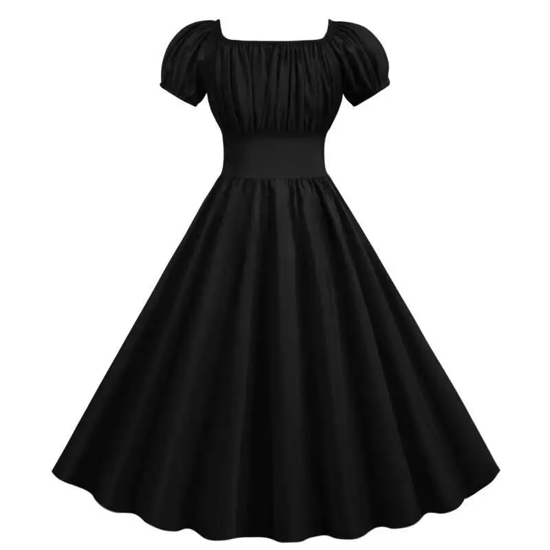 Red Pleated Square Neck Swing Waist Dress for Women
