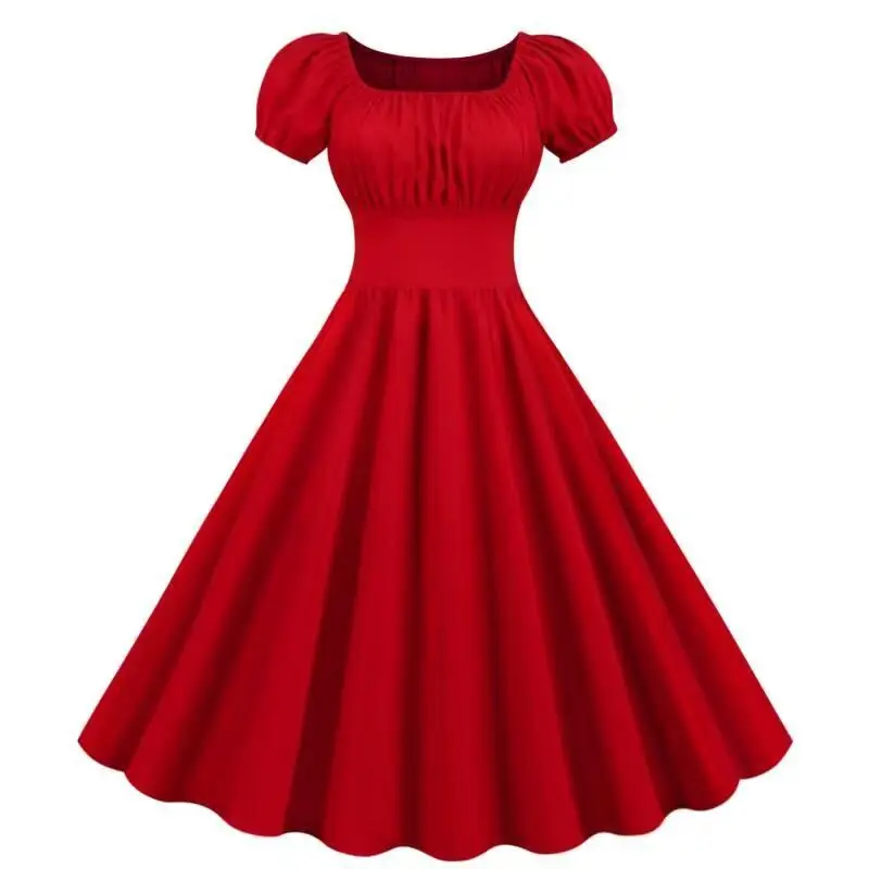 Red Pleated Square Neck Swing Waist Dress for Women