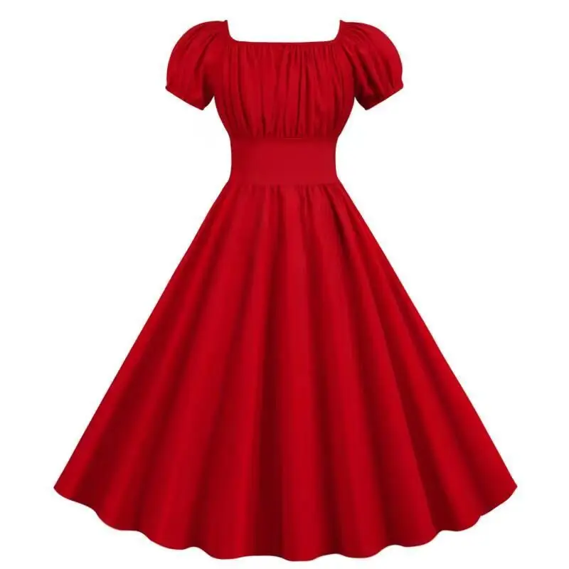 Red Pleated Square Neck Swing Waist Dress for Women