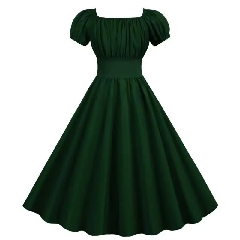 Red Pleated Square Neck Swing Waist Dress for Women — feature 1