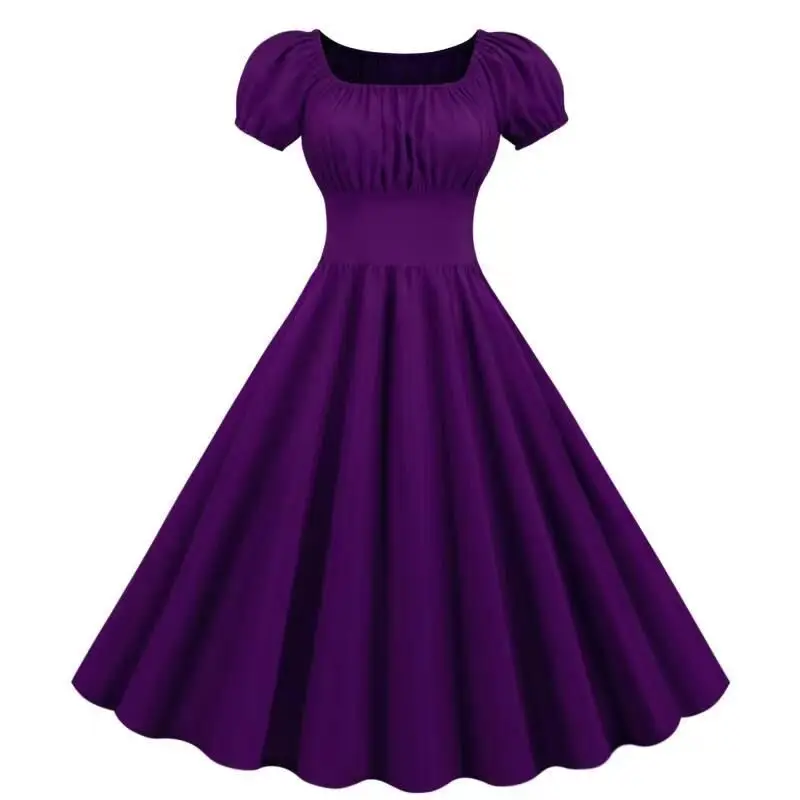 Red Pleated Square Neck Swing Waist Dress for Women — feature 2