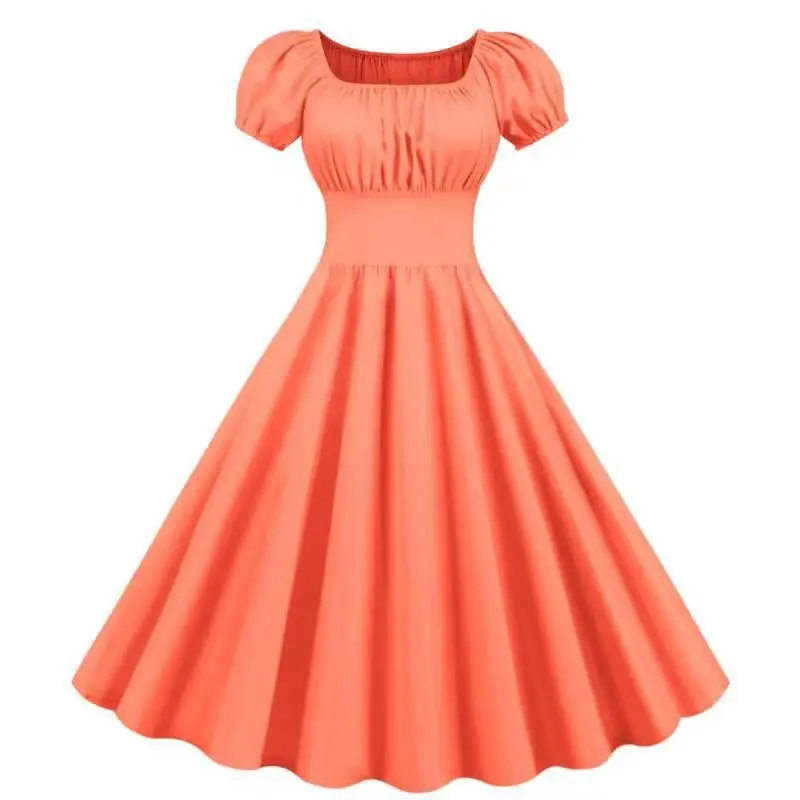 Red Pleated Square Neck Swing Waist Dress for Women — feature 7
