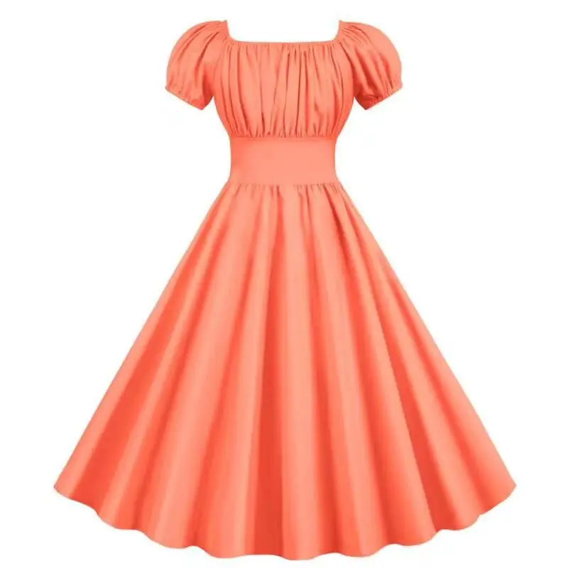 Red Pleated Square Neck Swing Waist Dress for Women — feature 8