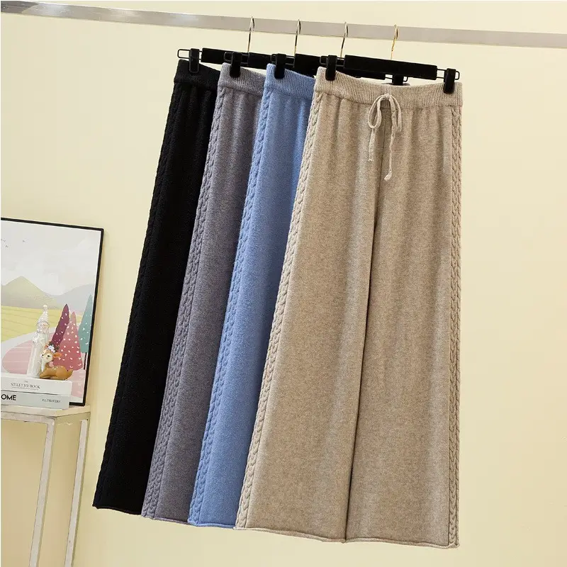 Women Knitted Wide Leg Pants Grey Loose Fit Autumn Winter - Image 5