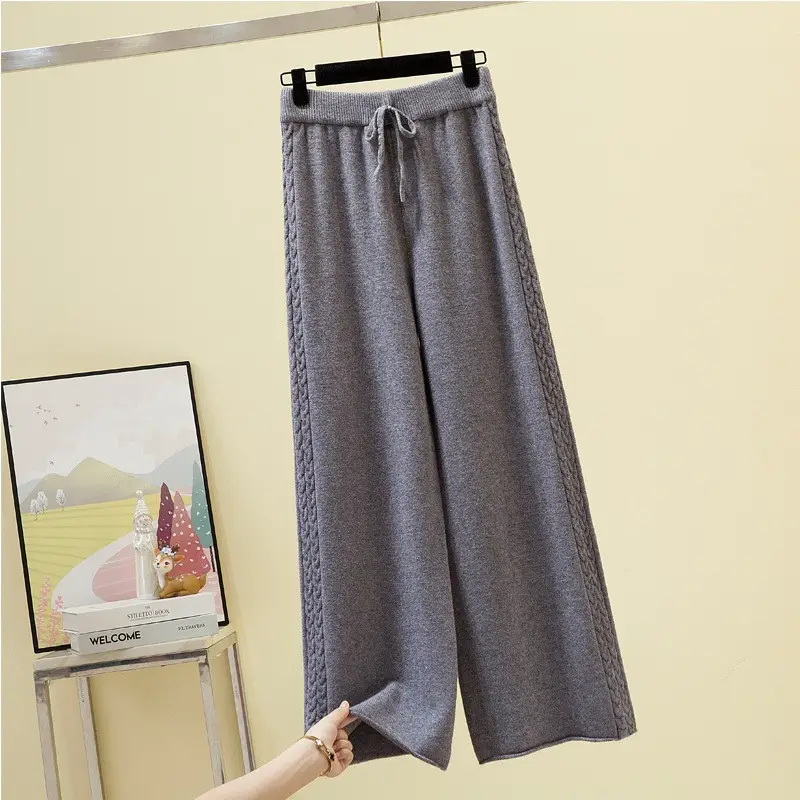 Women Knitted Wide Leg Pants Grey Loose Fit Autumn Winter - Image 2