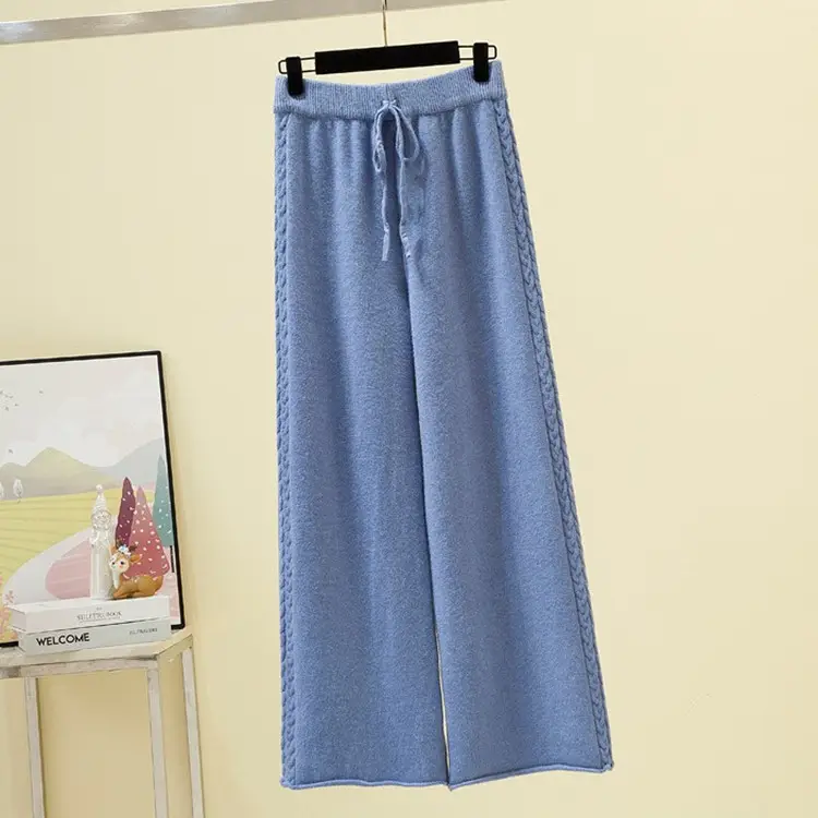 Women Knitted Wide Leg Pants Grey Loose Fit Autumn Winter - Image 3