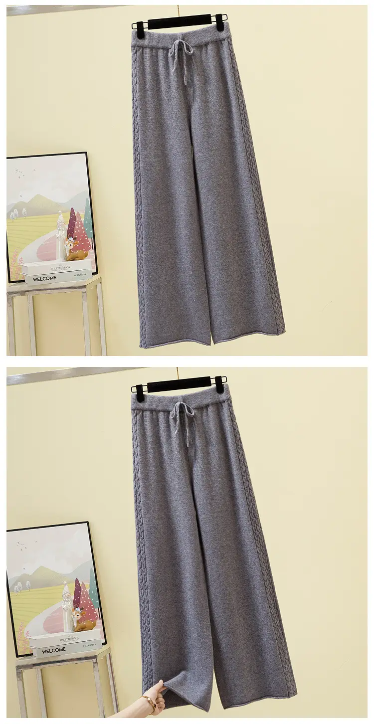 Women Knitted Wide Leg Pants Grey Loose Fit Autumn Winter — feature 11