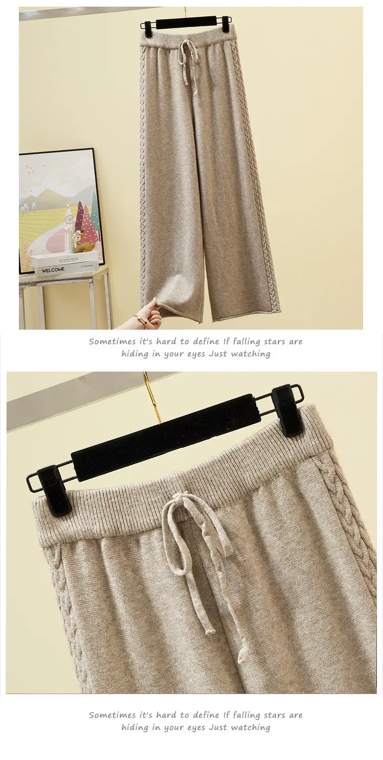 Women Knitted Wide Leg Pants Grey Loose Fit Autumn Winter — feature 6