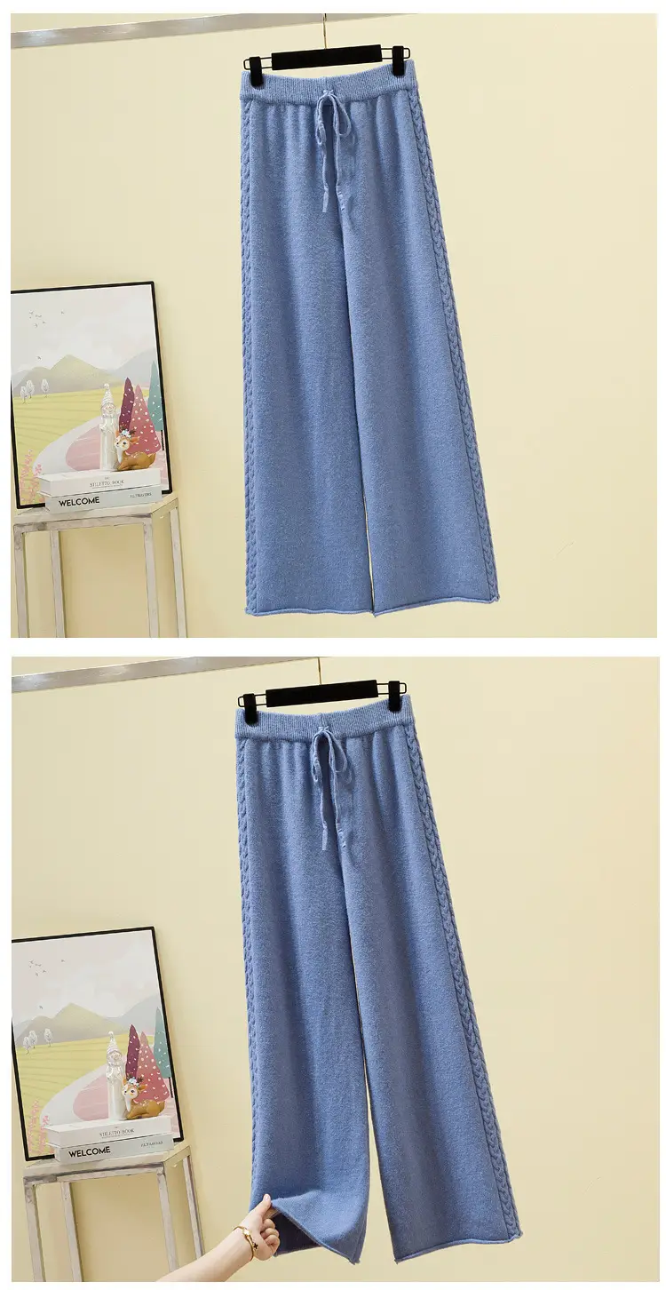 Women Knitted Wide Leg Pants Grey Loose Fit Autumn Winter — feature 9