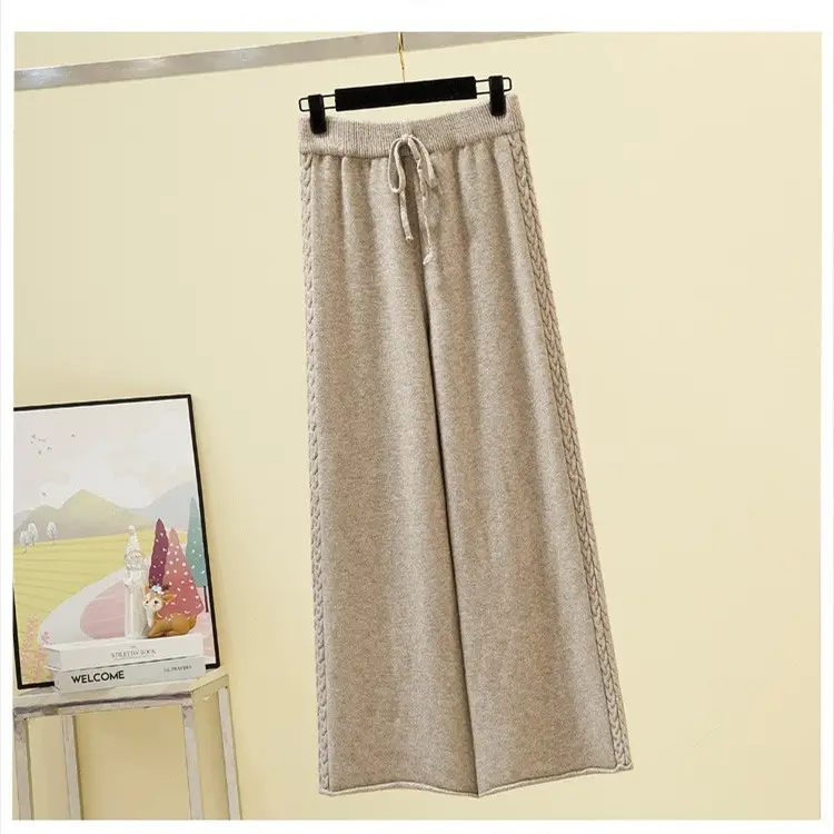Women Knitted Wide Leg Pants Grey Loose Fit Autumn Winter - Image 4