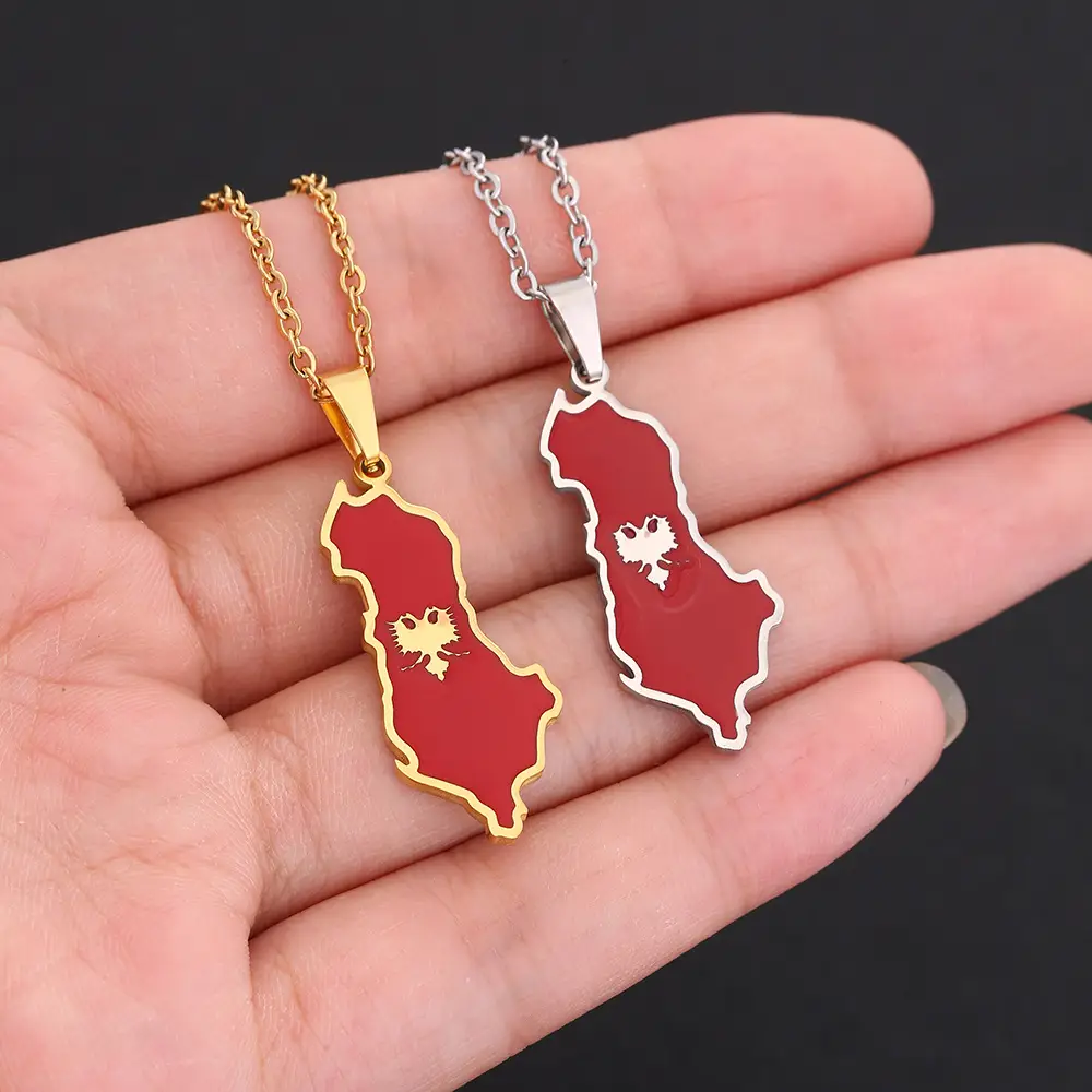 Albania Map Necklace for Men Women Red Gold Chain - Image 4